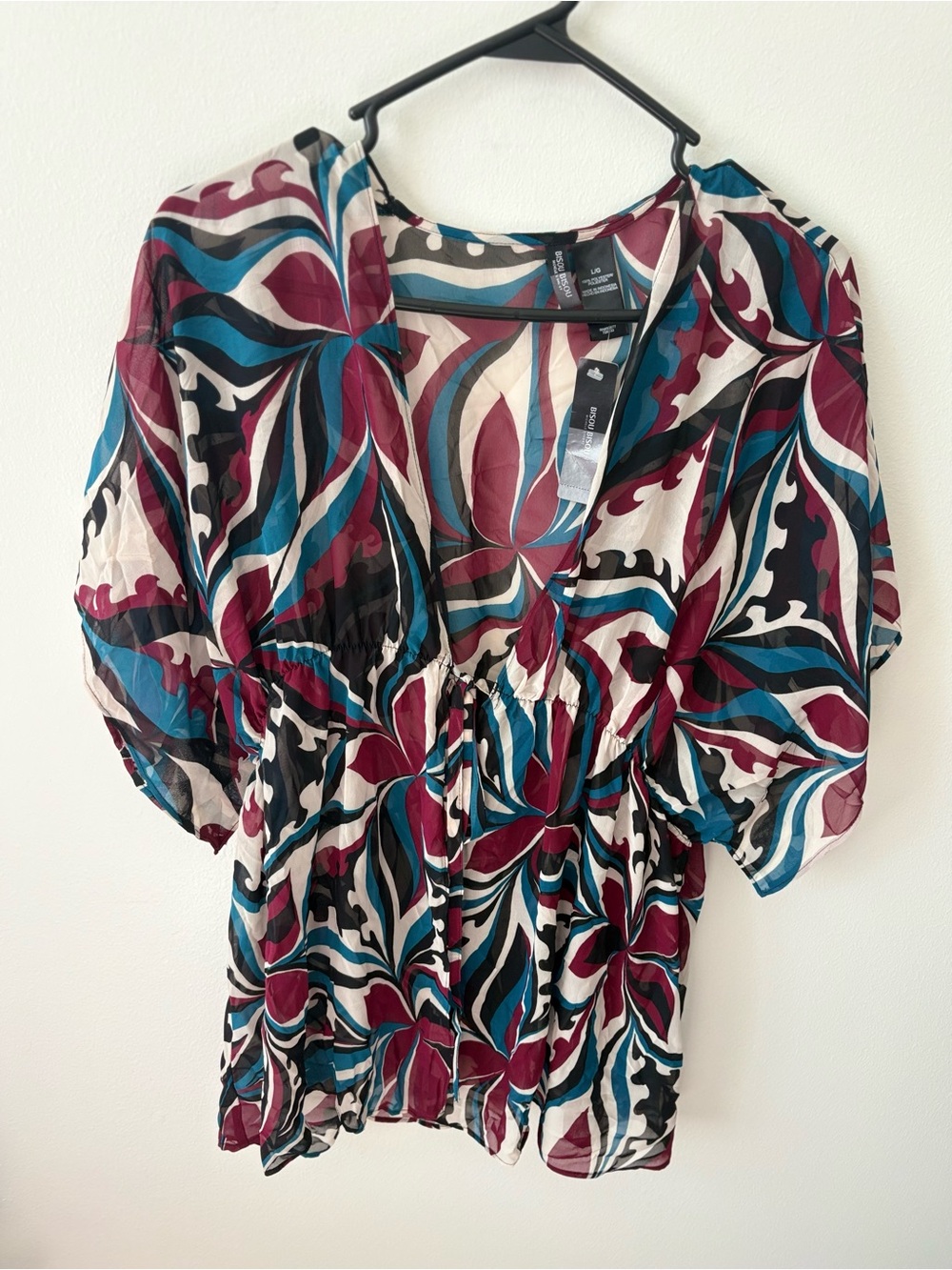 Printed V-Neck Peasant Blouse in Teal, Burgundy & Black